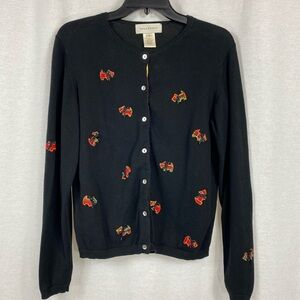 Susan Bristol Black Embroidered Scottie Button-Front Cardigan Sweater